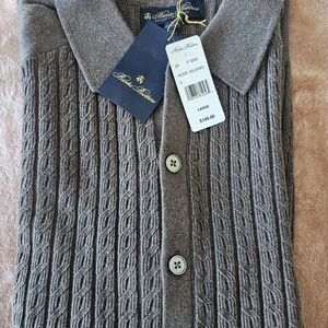 NWT Brooks Brothers Cotton Mini-Cable Polo Cardigan - Brown - Large